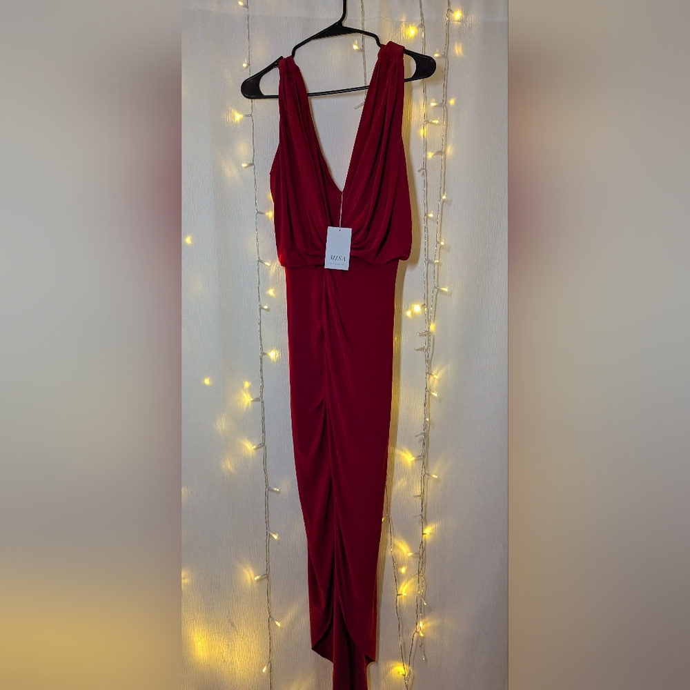 MISA Los Angeles NWT Leza Cross Over Sleeveless Tulip maxi Dress In Red